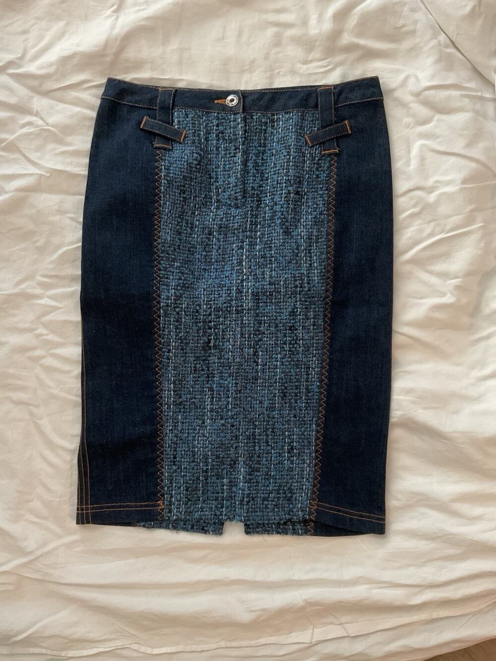 VTG Dolce & Gabbana Denim Tweed Midi Pencil Skirt Patchwork Blue IT 42 US S